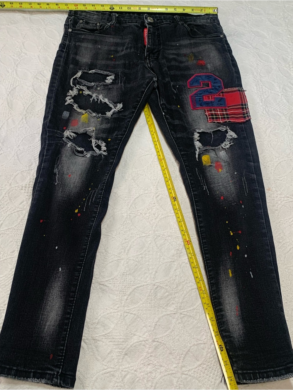 DSQUARED Black Distressed Jeans with Paint Splatter Red Plaid Patch and Blue '2'